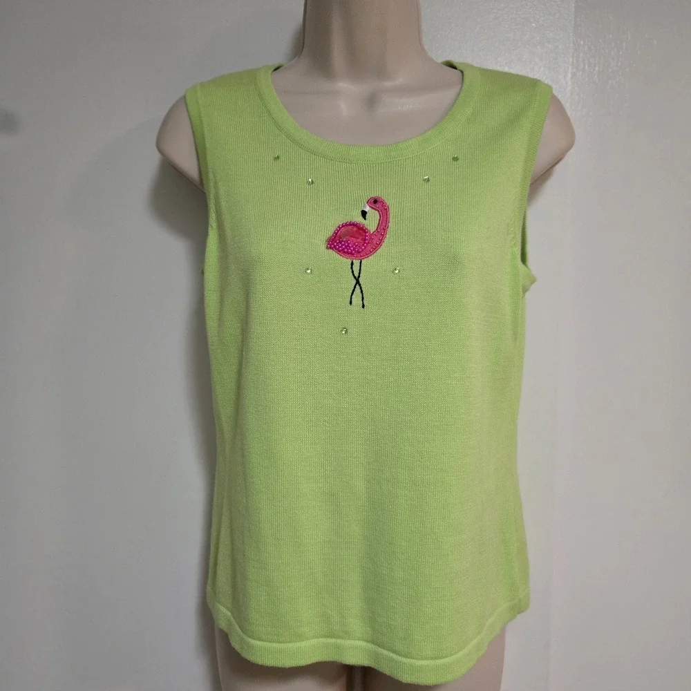 Berek Size S Green Twinset Embroidered Beaded Cocktails Flowers Flamingo Sweater - Picture 5 of 9